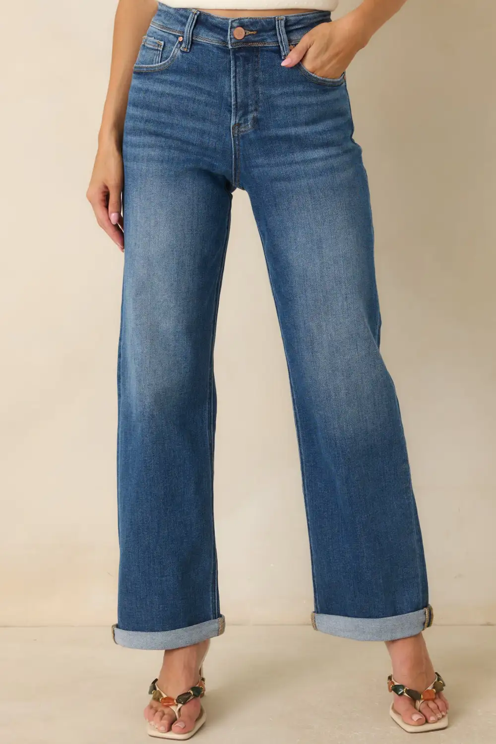 Roll Medium Wash High Rise Cuffed Straight Leg Jeans