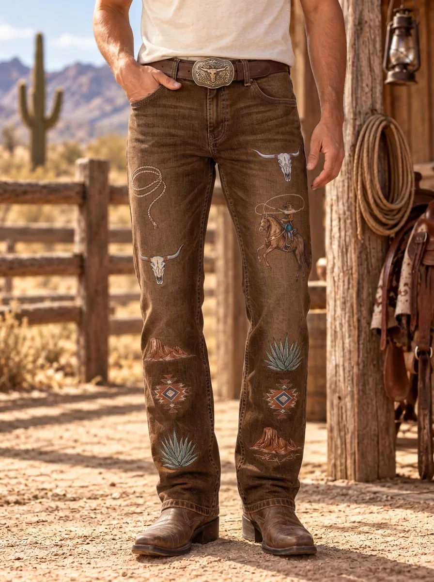 Men's Western Cowboy Lasso Skull Jeans