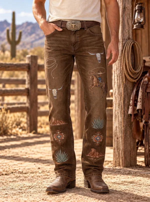 Men's Western Cowboy Lasso Skull Jeans