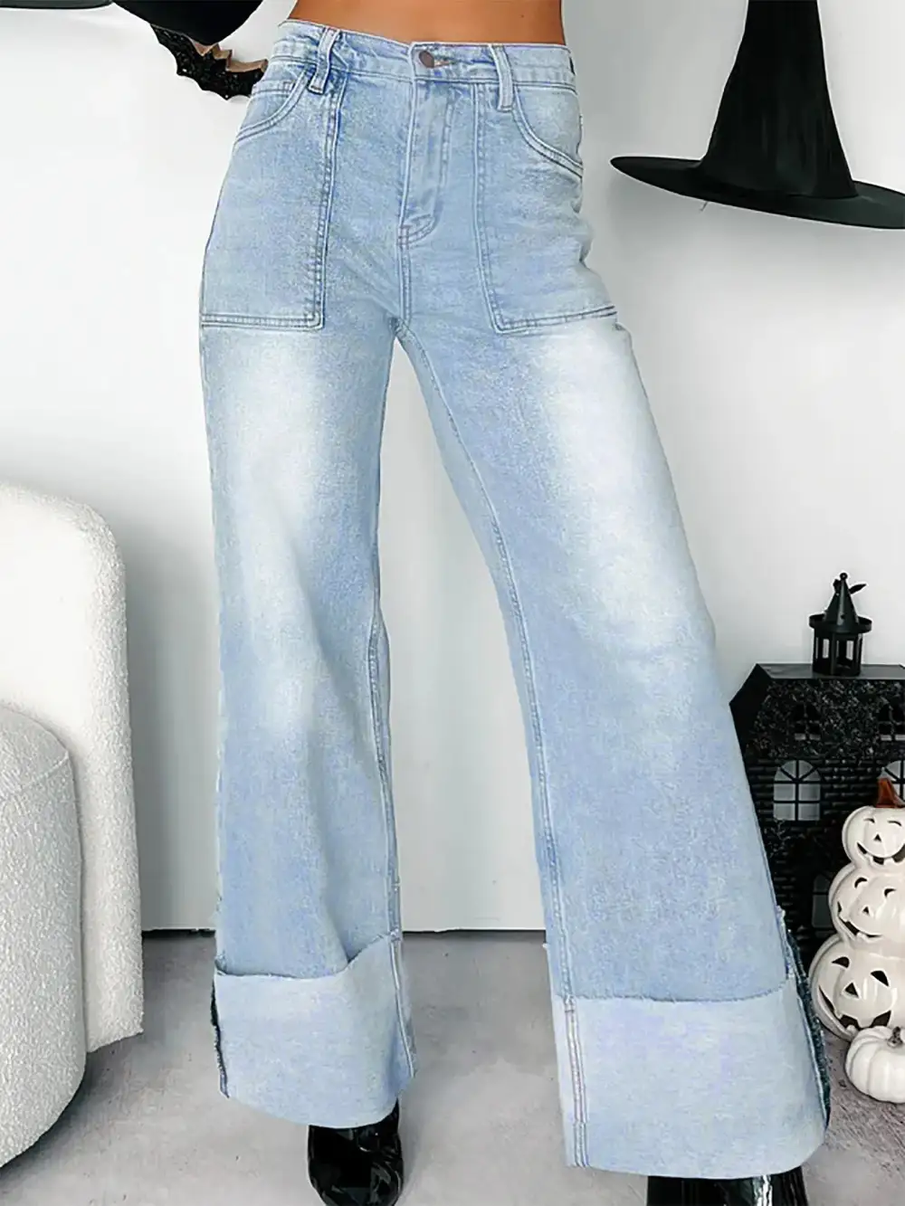 Versatile High Waist Wide Leg Cuffed Denim Jeans