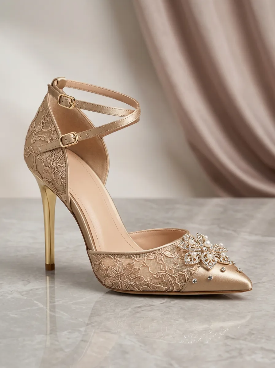 Pearl Floral Lace-Detail Buckle-Strap Women's Formal High Heels