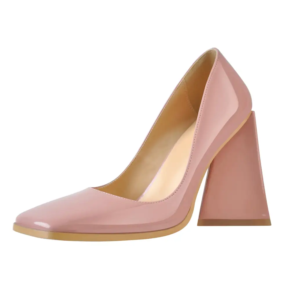 Patent Finish Pointed Toe Chunky Heel Pumps