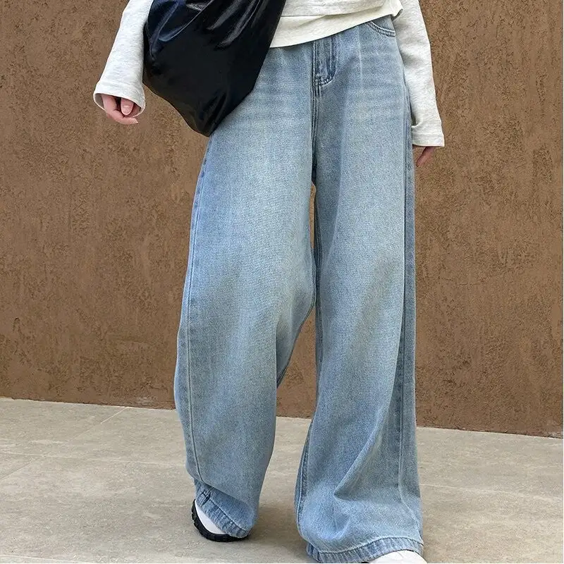 Layered Washed Loose Straight Leg Denim Jeans