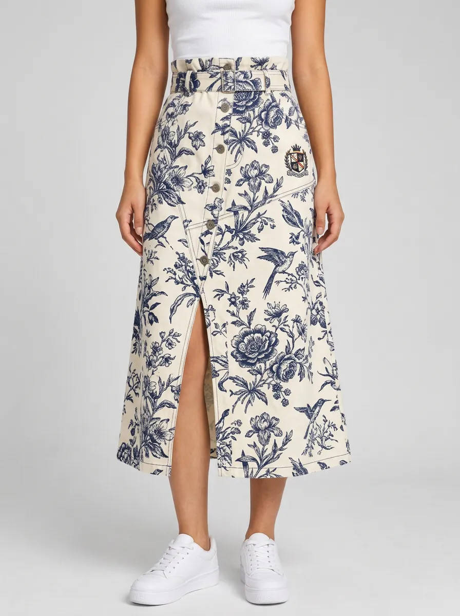 Women's Vintage Floral Bird Toile Printed Button-Down Midi Skirt