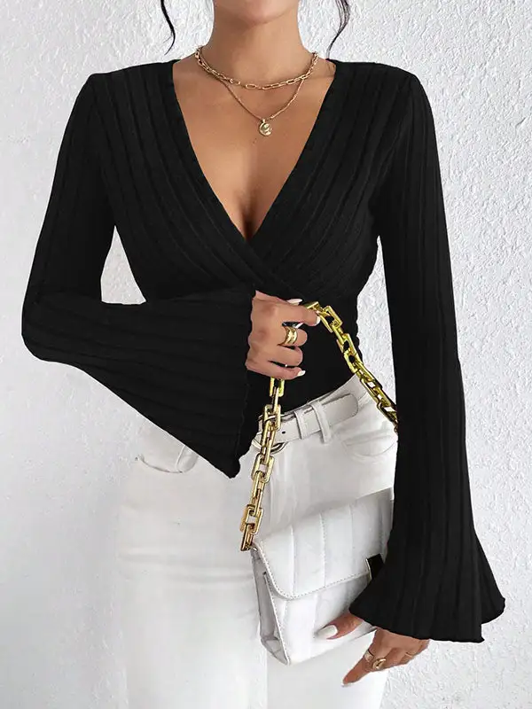 Flared Sleeve Long Sleeve Panel Detail Deep V-Neck T-Shirt