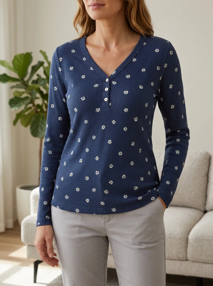 Women's Boho Floral Pattern Waffle Knit Printed Top Button V-Neck T-Shirt
