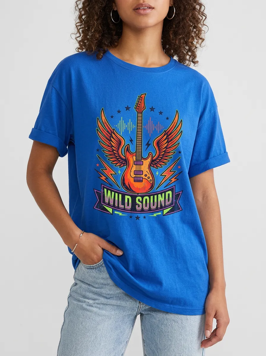 Unisex Rock Music Lover Winged Guitar Wild Sound Printed T-shirt