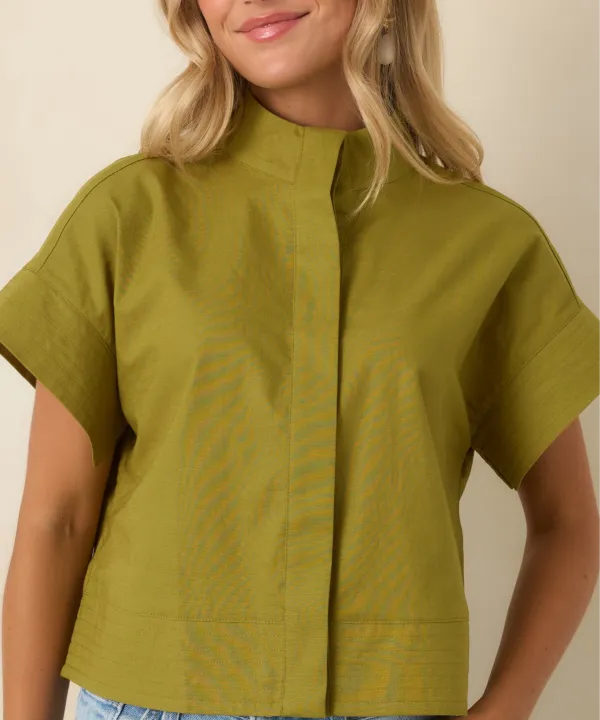 Button-Up Button-Front Short-Sleeve Cropped Top