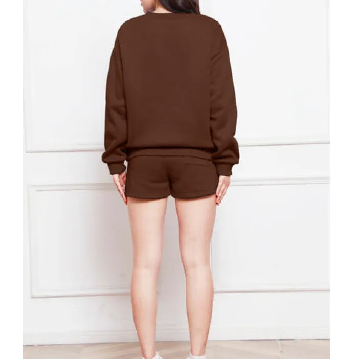 Round Neck Long Sleeve Sweatshirt and Drawstring Shorts Set