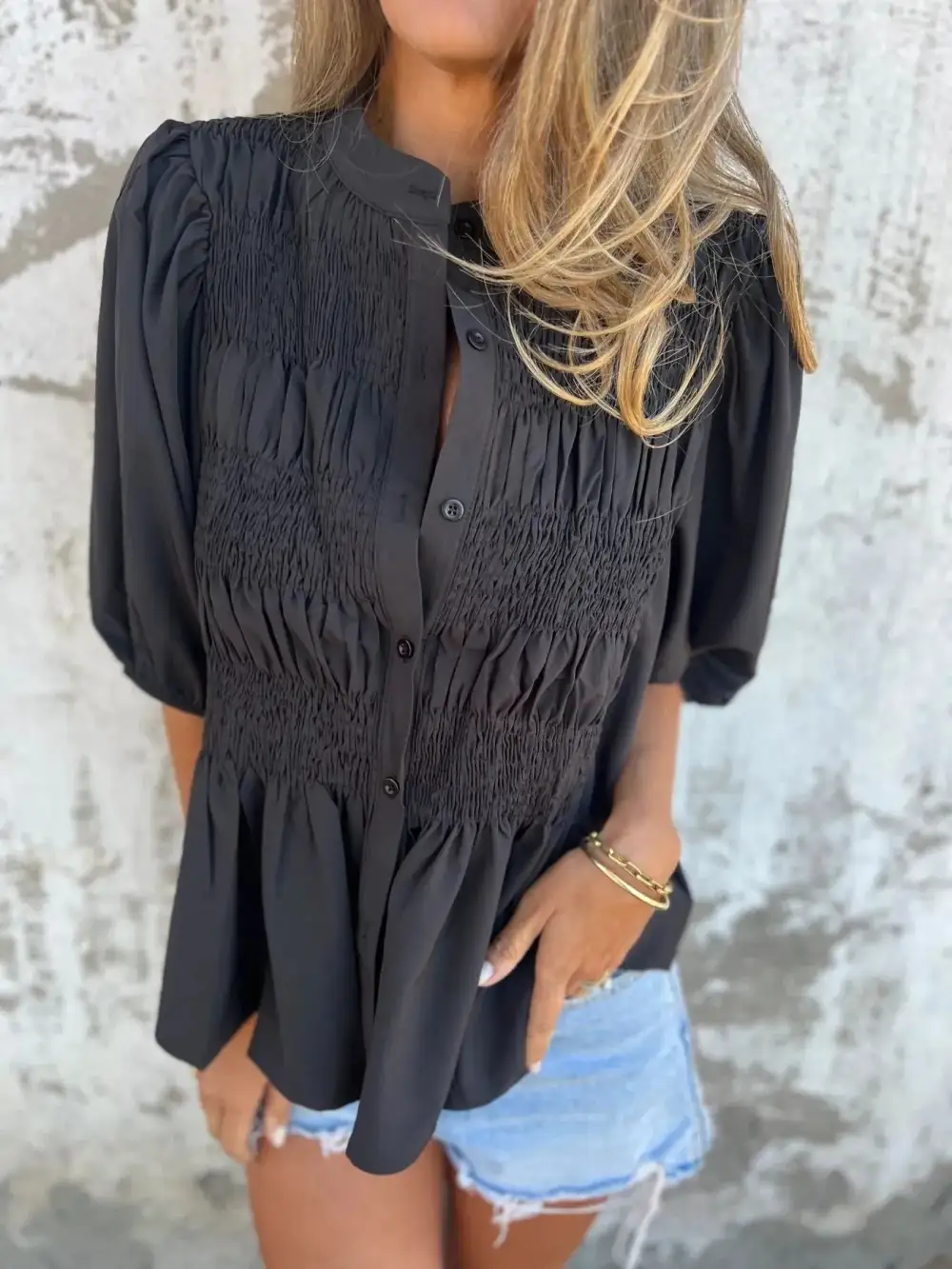 Smocked Puff-Sleeve Buttoned Blouse
