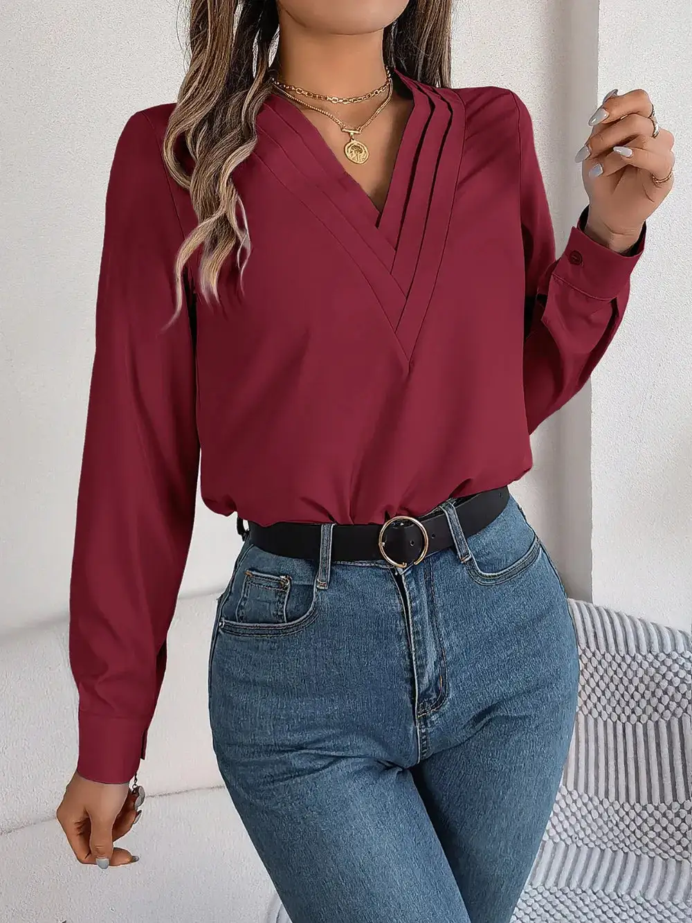 Textured V-Neck Long Sleeve Blouse