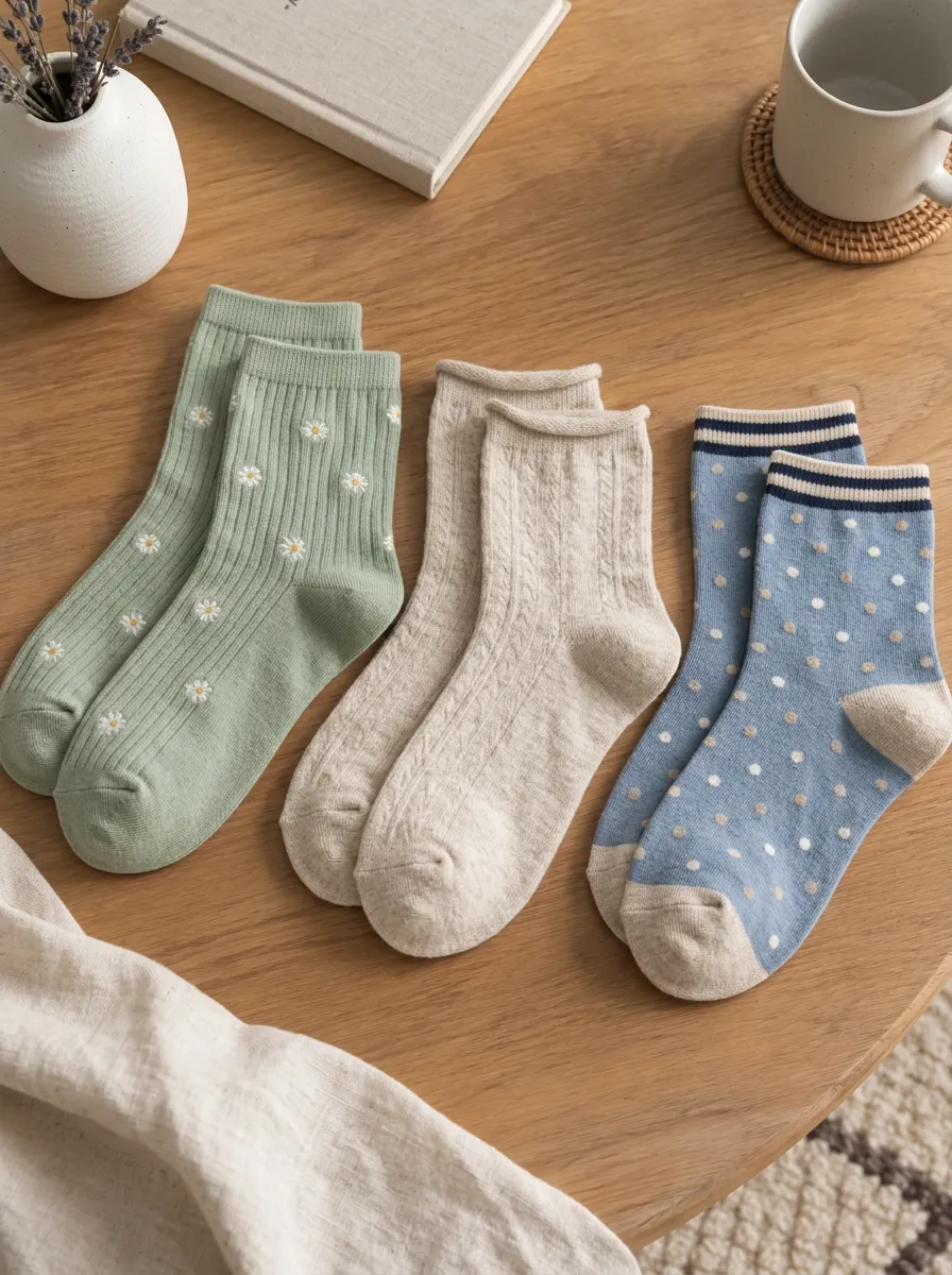 Women's Daisy Floral Polka Dot Printed Crew Socks Set