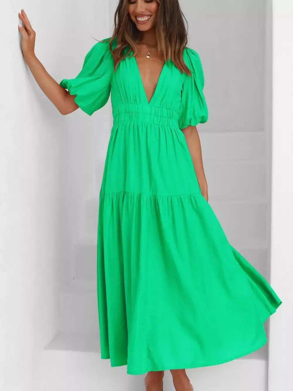 Everyday V-neck Puff Sleeve Midi Dress