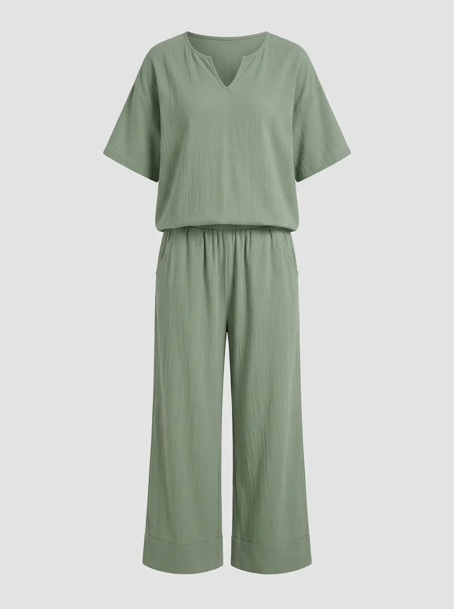 Women's Notched V-Neck Top And Drawstring Wide-Leg Trouser Lounge Set