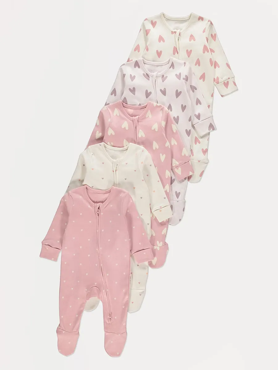 Pink Heart Print Zip Fasten Sleepsuits 5 Pack