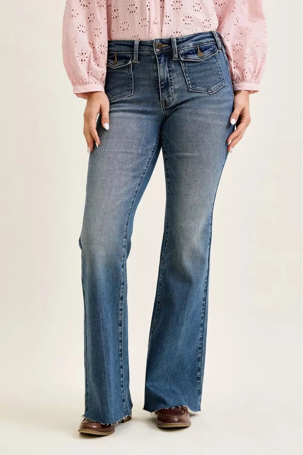 Mid Rise Raw Hem Flare Jeans