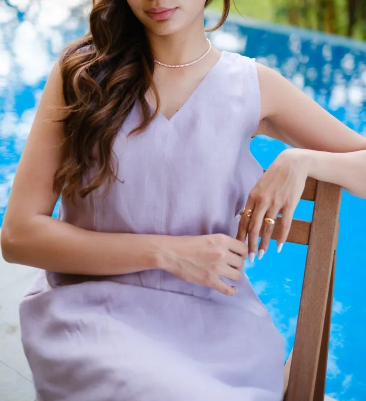 Lavender Linen V-Neck Midi Dress