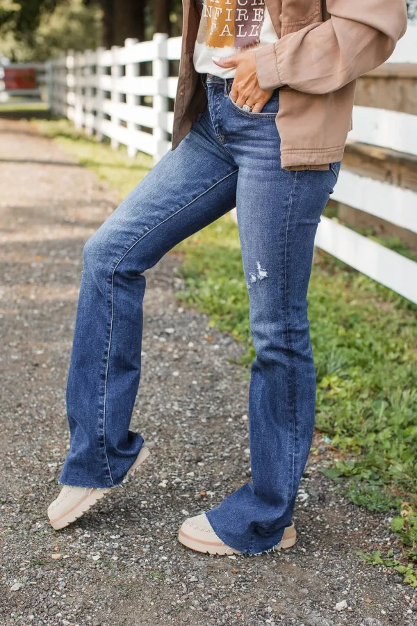 High-Rise Raw Hem Flare Light Distress Jeans