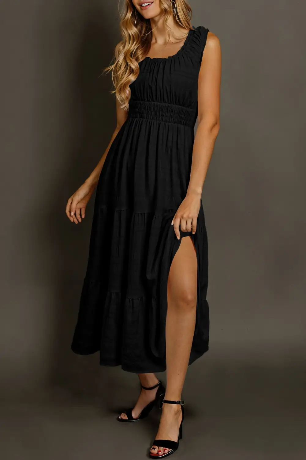 Square Neck Pleated Sleeveless Midi Dress