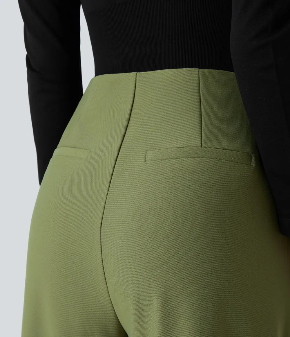  High Waisted Decorative Button Plicated Side Pocket Straight Leg Twill Work Pants
