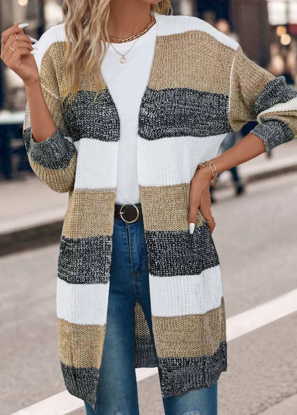 Dark Grey Weave Long Sleeve V Neck Coat