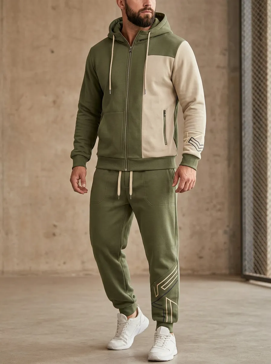 Men's Military Style Colorblock Chevron Print Jogger Set