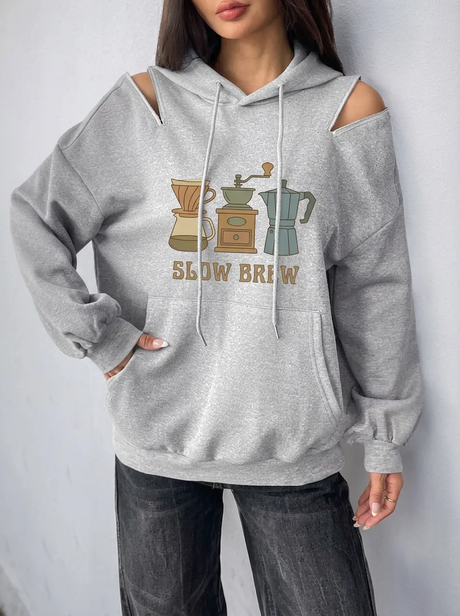 Women's Coffee Slow Brew Coffee Maker Graphic Cold-Shoulder Hoodie