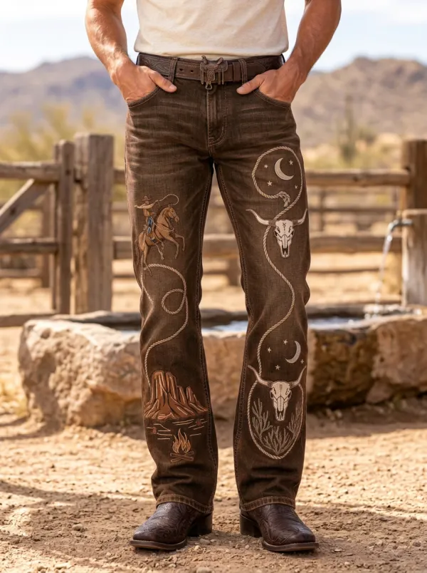 Men's Classic Western Cowboy Rodeo Skull Jeans