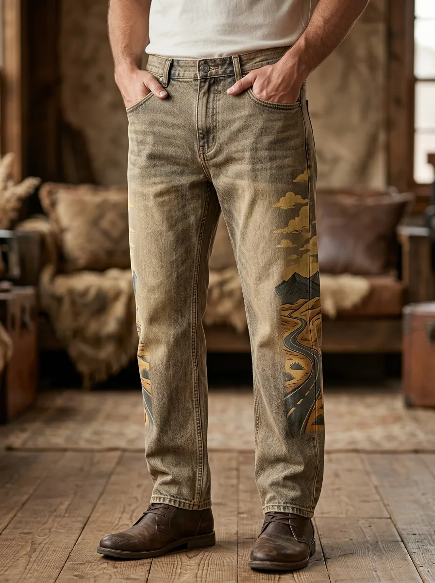 Men's Western Landscape Desert Road Printed Jeans