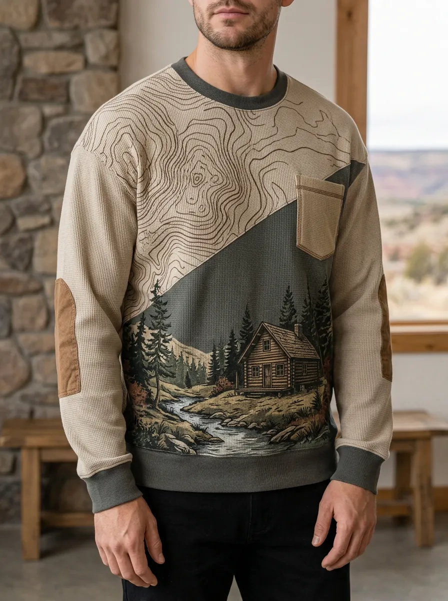 Men's Cabin Nature Lover Topographic Printed Waffle Knit Sweatshirt