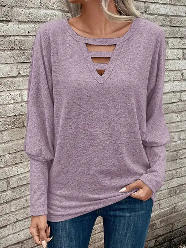 Long Sleeve Relaxed Cutout Panel Detail V-Neck Polyester T-Shirt