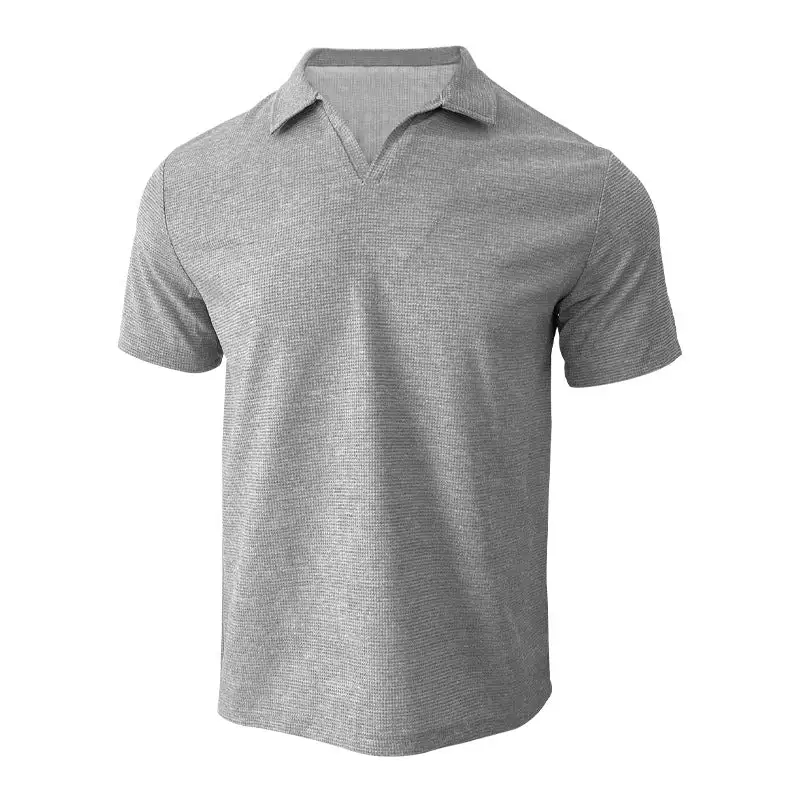 Waffle Texture Open V Neck Short Sleeve Jersey Polo Shirt