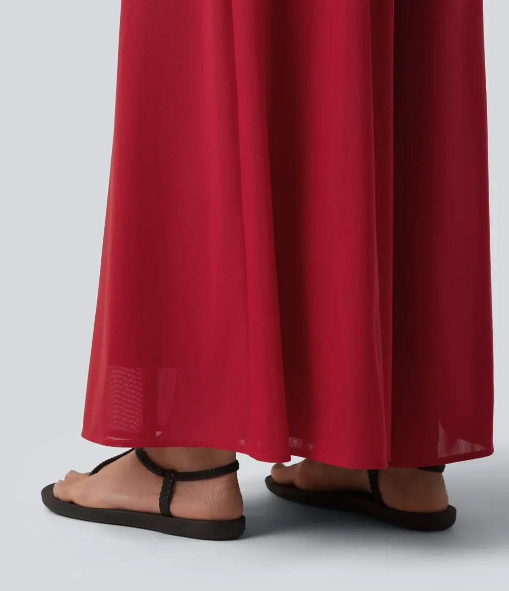 High Waisted Pocket Mesh Overlay Wide Leg Casual Pants
