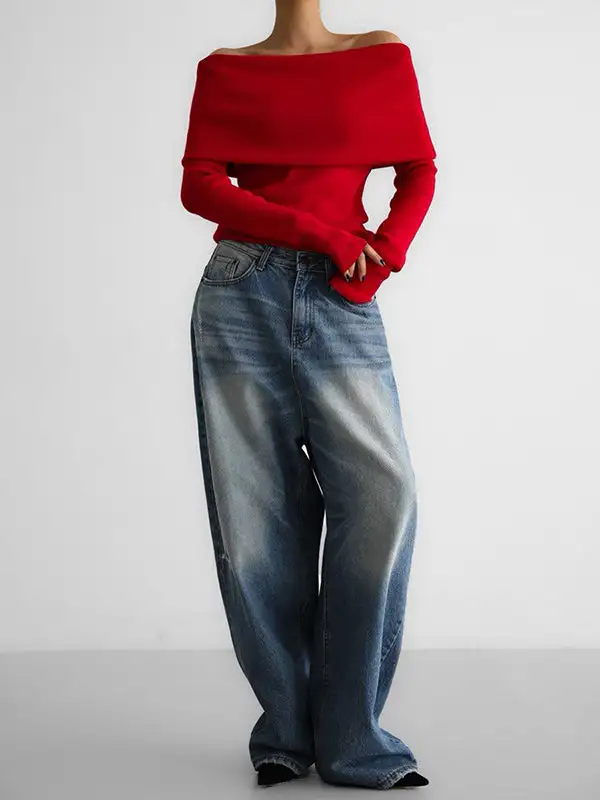 Off Shoulder Long Sleeve Relaxed Fit Pullover Sweater