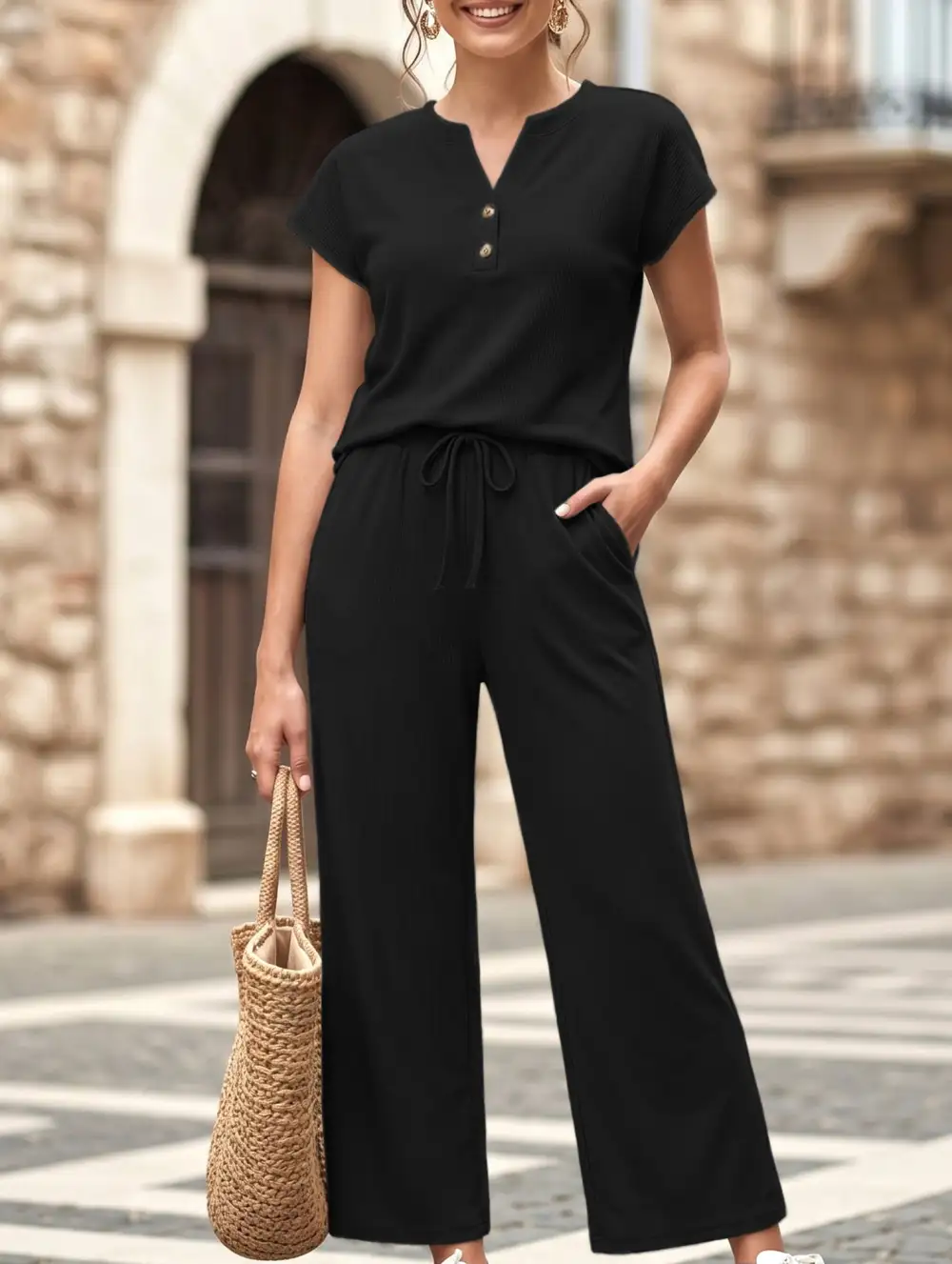 Short Sleeve Top Pants Two Piece Set
