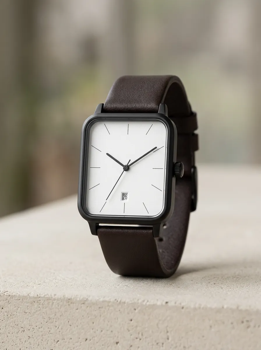 Dark Brown Leather Strap Square Watch