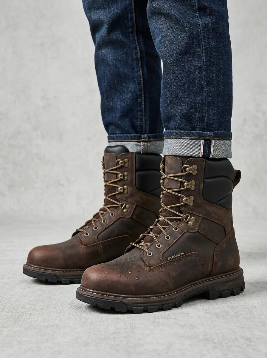 Unisex All-Weather Brown Leather Waterproof Work Boots