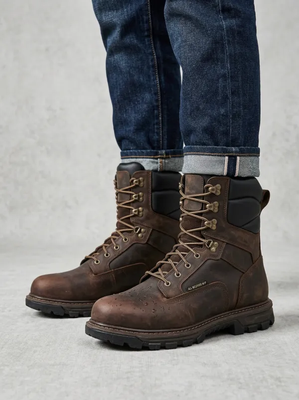 Unisex All-Weather Brown Leather Waterproof Work Boots