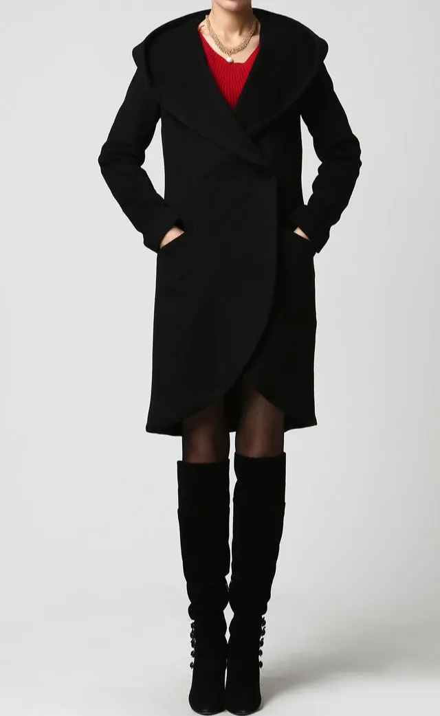 Wool Blend Oversized Hooded Pocketed Button Front Coat