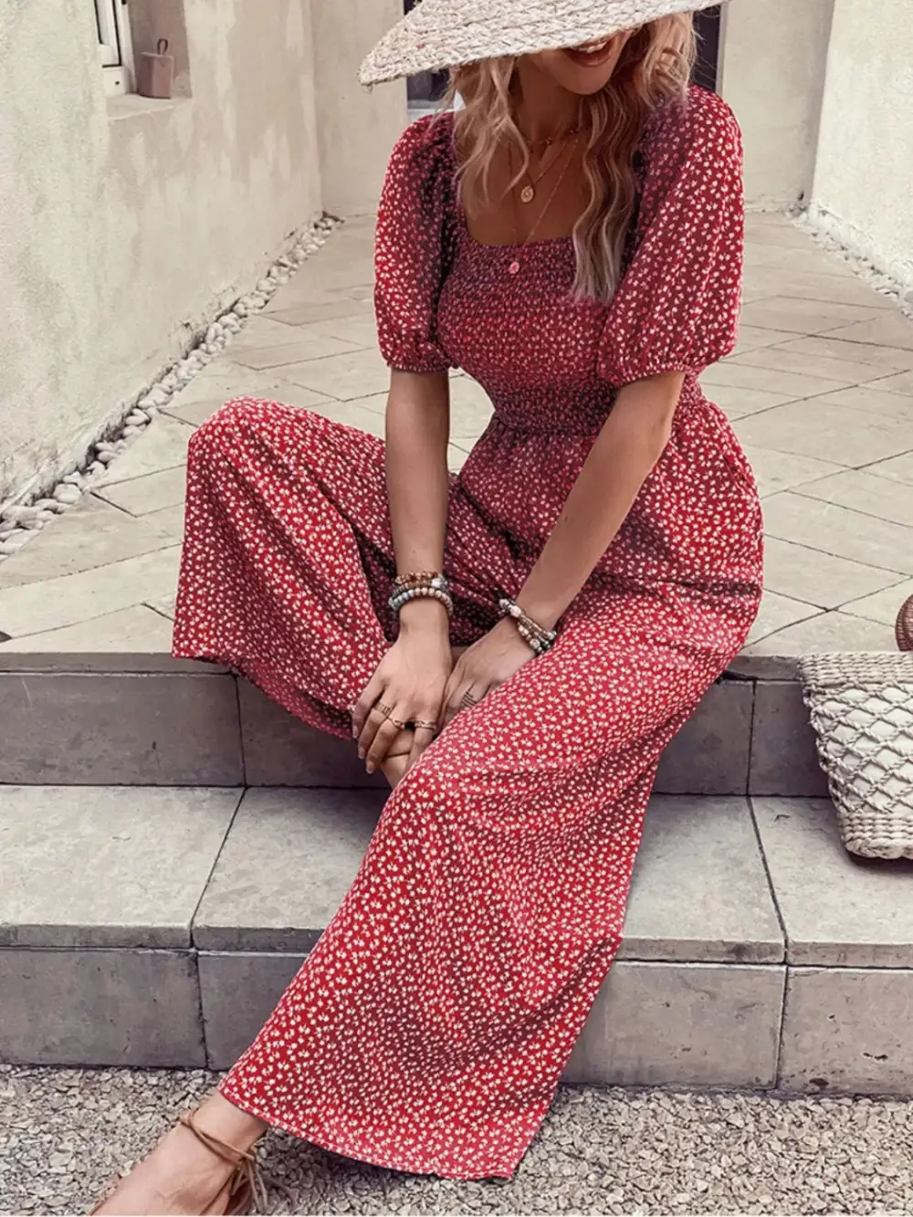 Printed Square Neck Puff Sleeve Everyday Jumpsuit