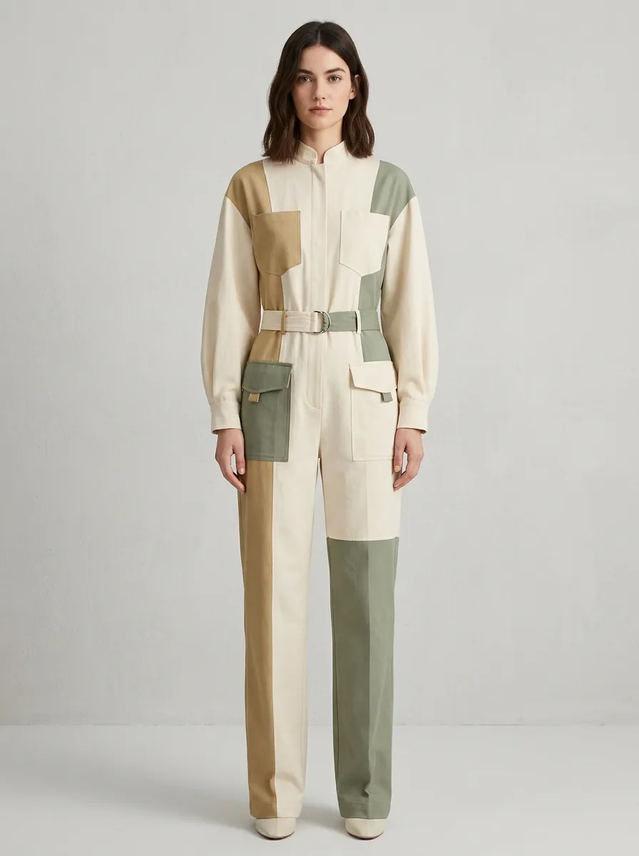 Women's Colorblock Utility Patchwork Belted Jumpsuit