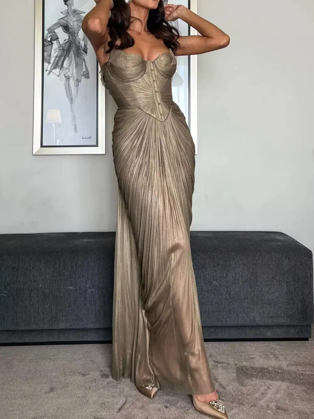 Metallic Pleated Corset Maxi Dress