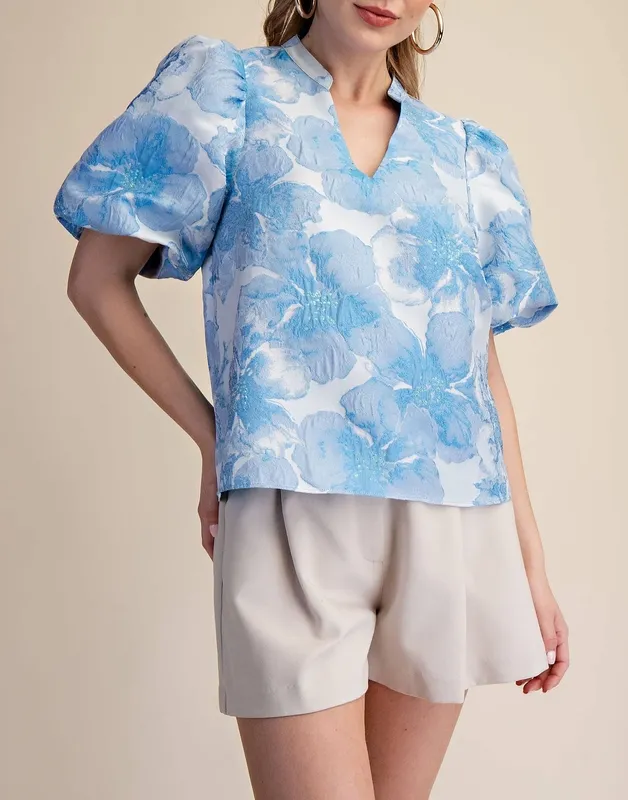 V-Neck Puff Sleeve Jacquard Top