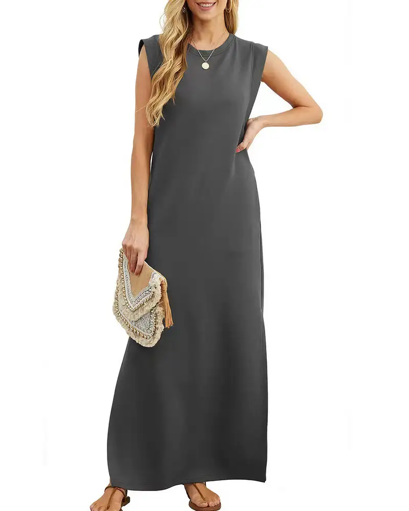 Casual Sleeveless Split Maxi Dress With Pockets
