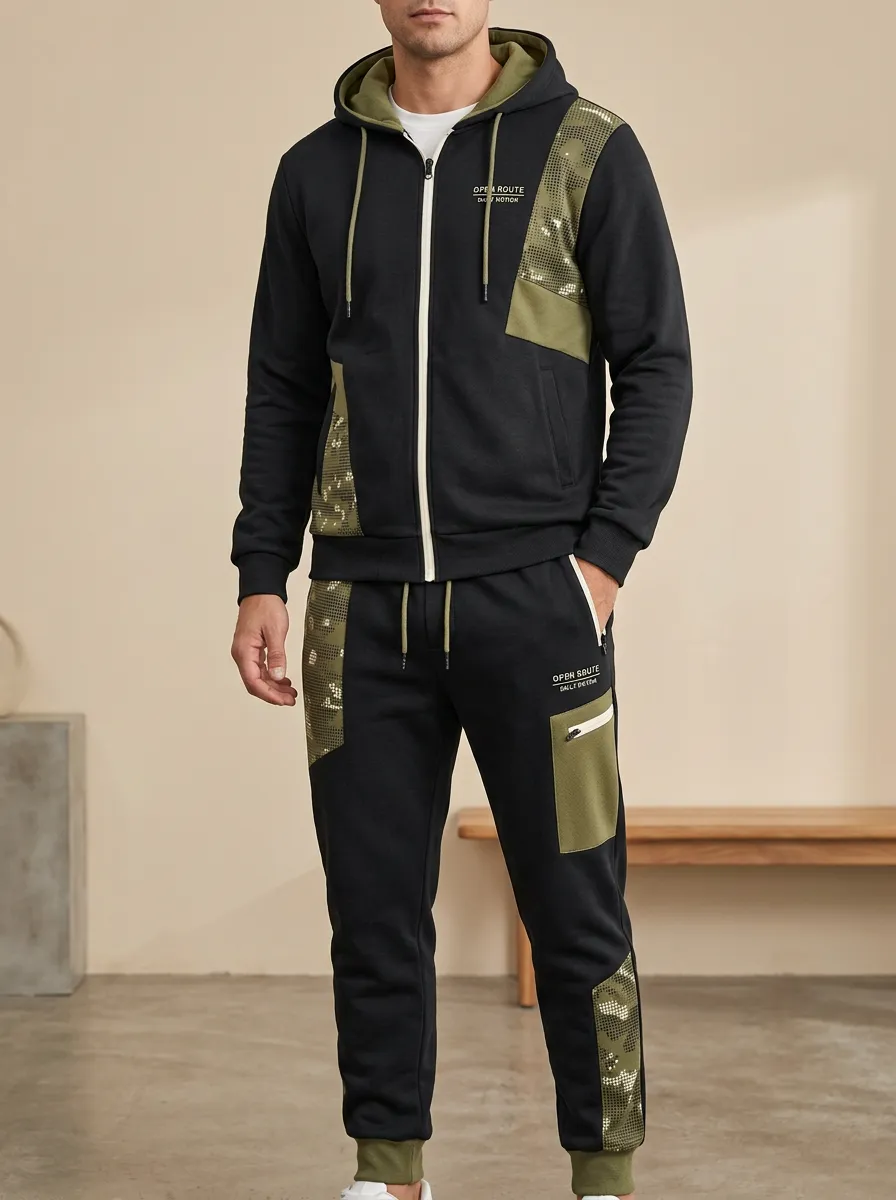 Men's Urban Streetwear Camo Patchwork Print Jogger Set