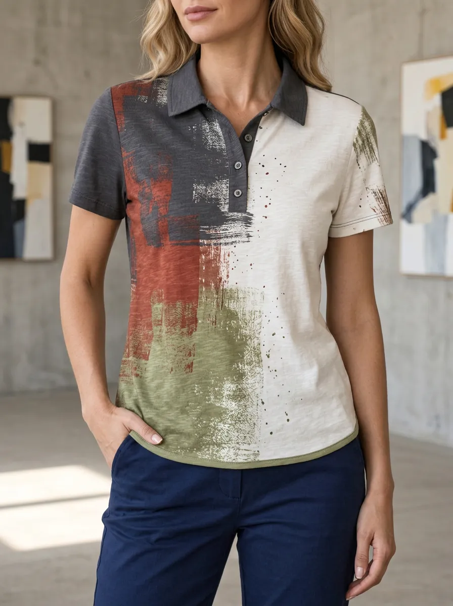 Women's Modern Abstract Brushstroke Colorblock Polo Shirt