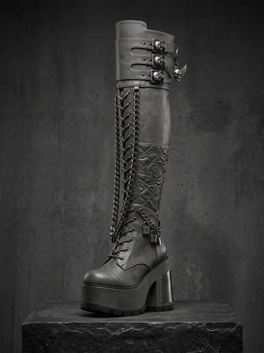 Dark Skull Rose Chain Gothic Edit Women's Gothic Platform Knee High Boots