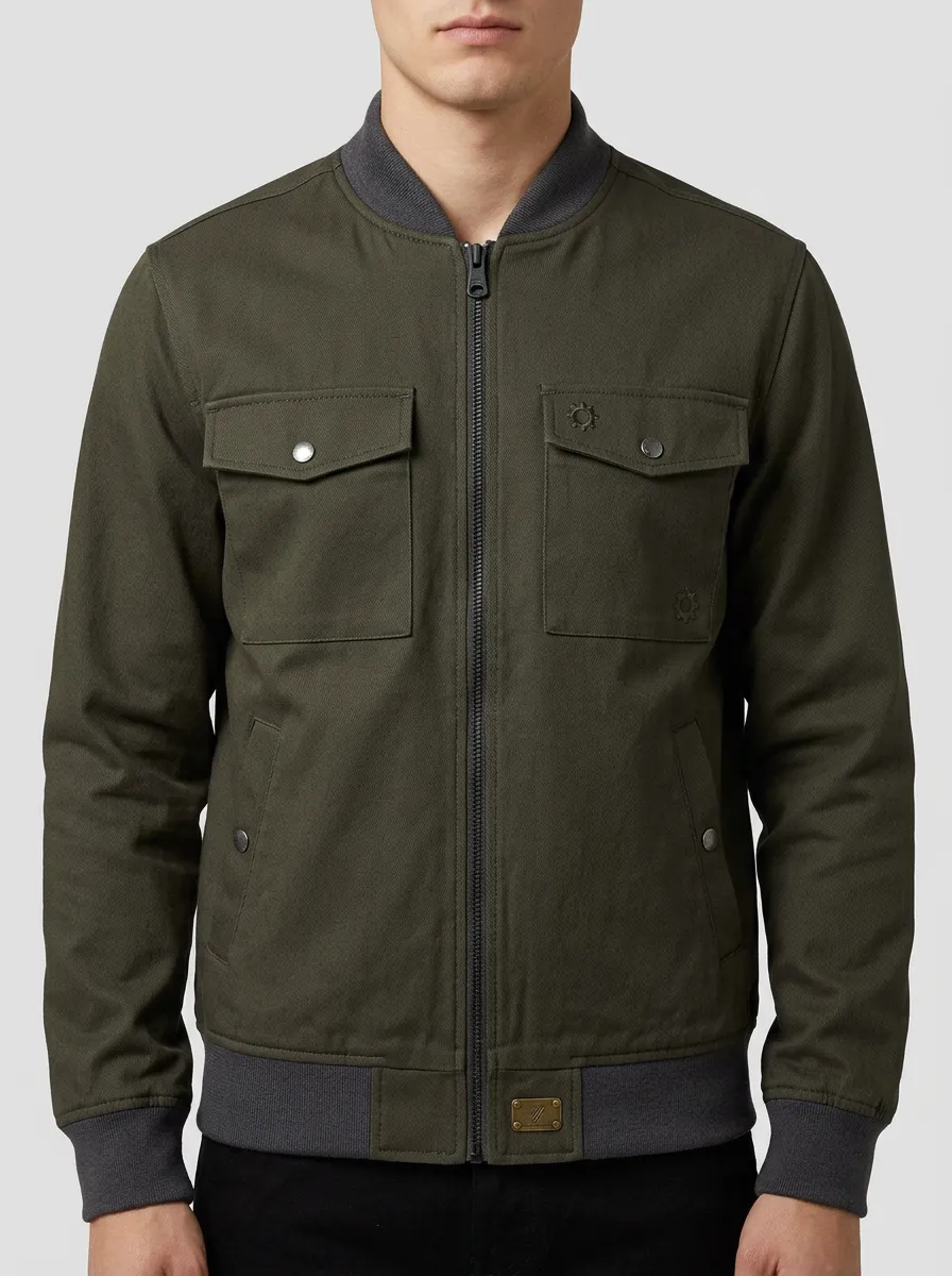 Men's Olive Green Utility Bomber Printed Jacket