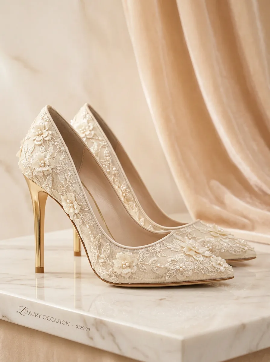 Pearl Floral Lace-Detail Lace-Up Women's Formal High Heels