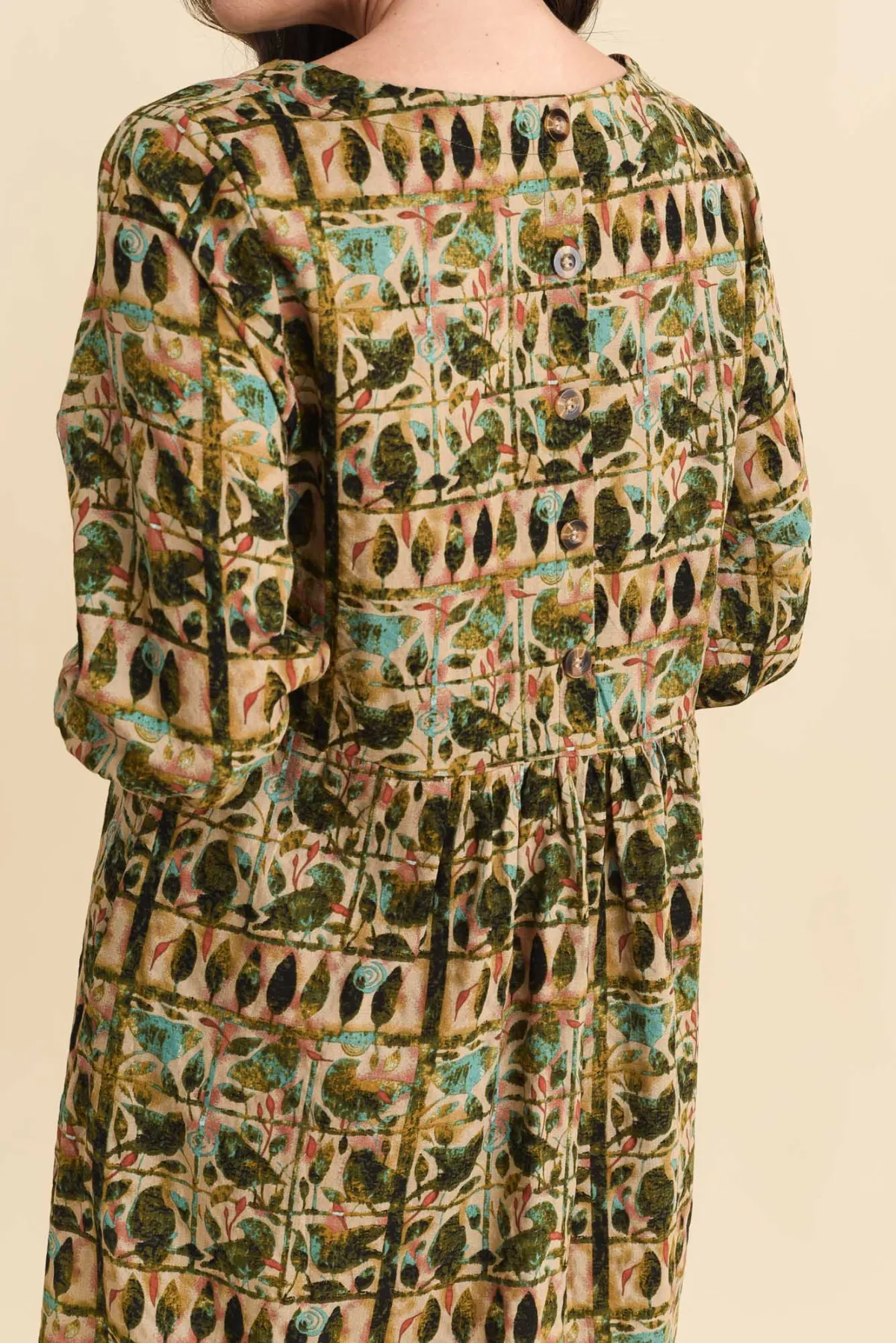 Knee-Length Abstract Cotton Blend Pocket Round-Neck Half-Sleeve A-Line Dress